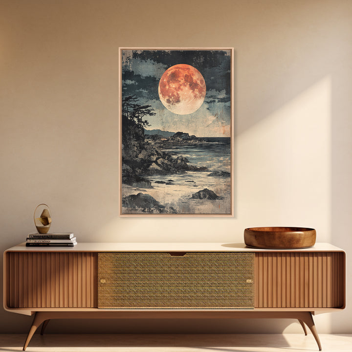 Full Moon Rocky Coast Canvas Print, Japanese Seascape Wall Art, Moody Wall Decor, Coastal Wall Art, Dark Academia Decor