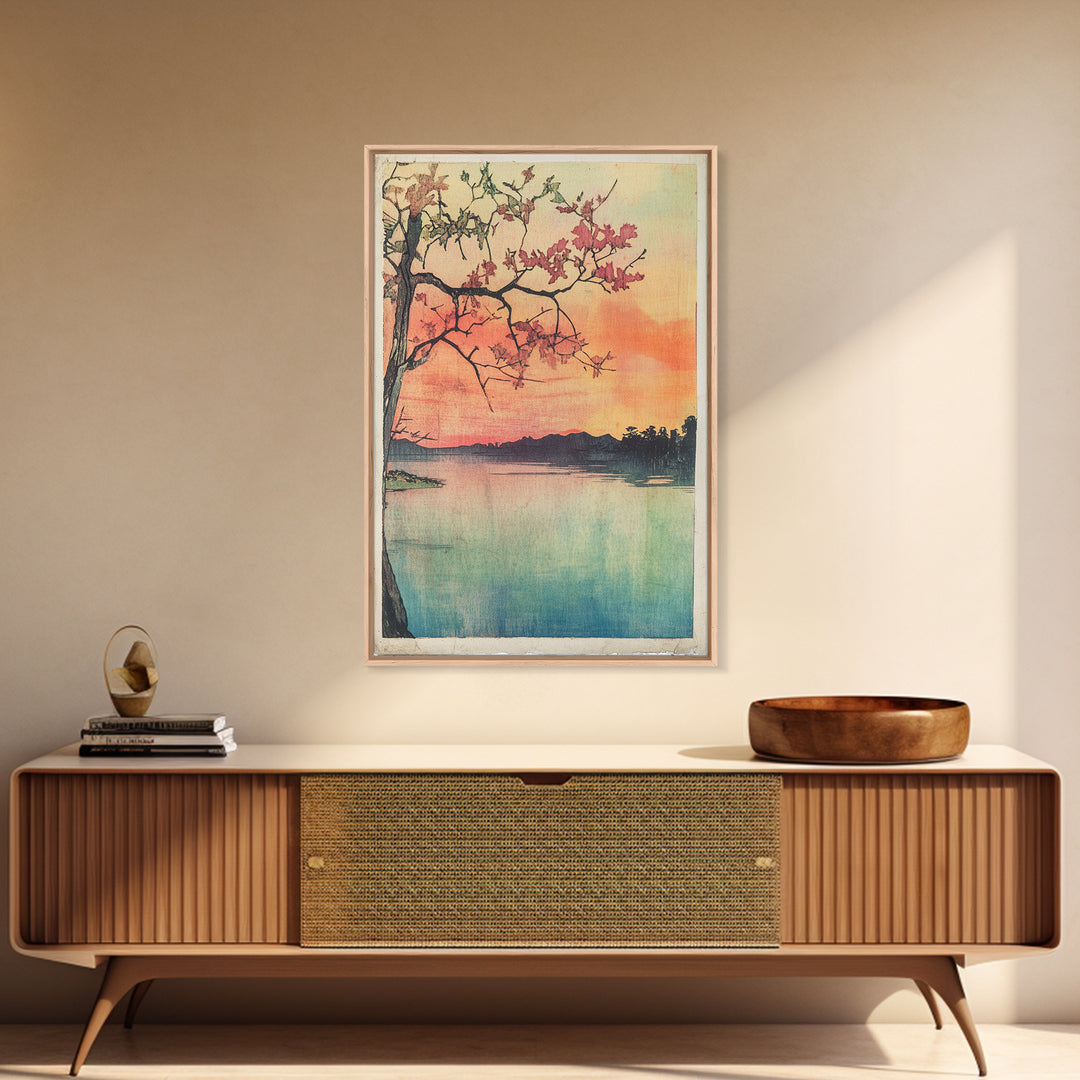 Cherry Blossom Lake Wall Art, Japanese Sunset Canvas Print, Serene Landscape Decor, Pink Floral Art, Bedroom Wall Decor Print