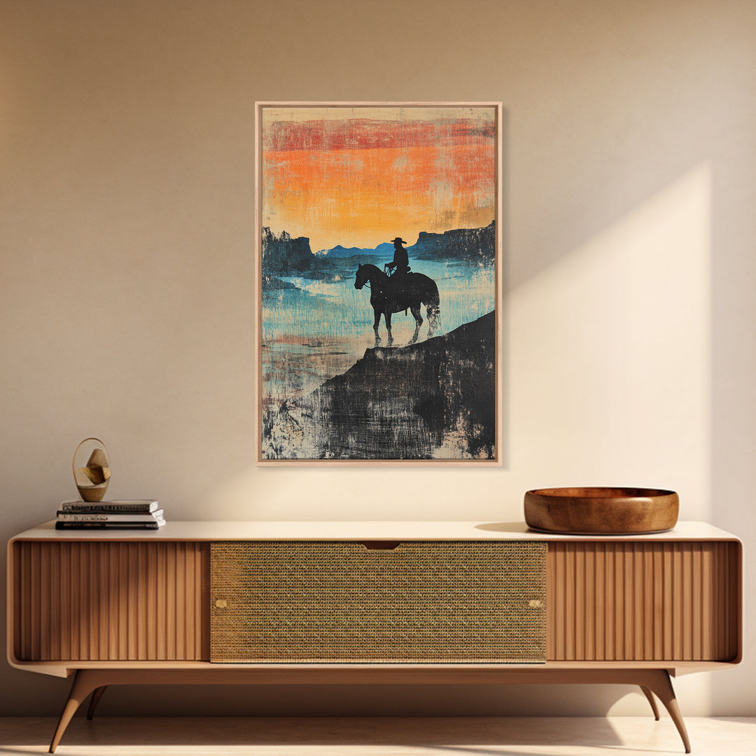 Cowboy Canyon Sunset Wall Art, Western Horse Canvas Print, Rustic Landscape Decor, Southwestern Art, Gift For Him, Living Room Decor