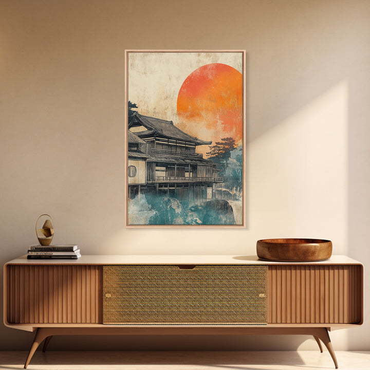 Japanese Tea House Framed Canvas Print, Orange Sun Wall Art, Ukiyo E Landscape Decor, Japandi Art, Modern Living Room Decor
