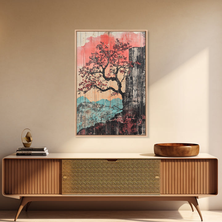 Cherry Blossom Waterfall Wall Art, Japanese Landscape Canvas Print, Pink Mountain Decor, Japandi Wall Decor, Large Art Print