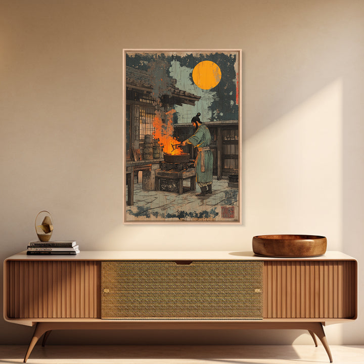 Japanese Blacksmith Night Wall Art, Moonlit Forge Canvas Print, Samurai Inspired Decor, Dramatic Ukiyo E Style Art Print