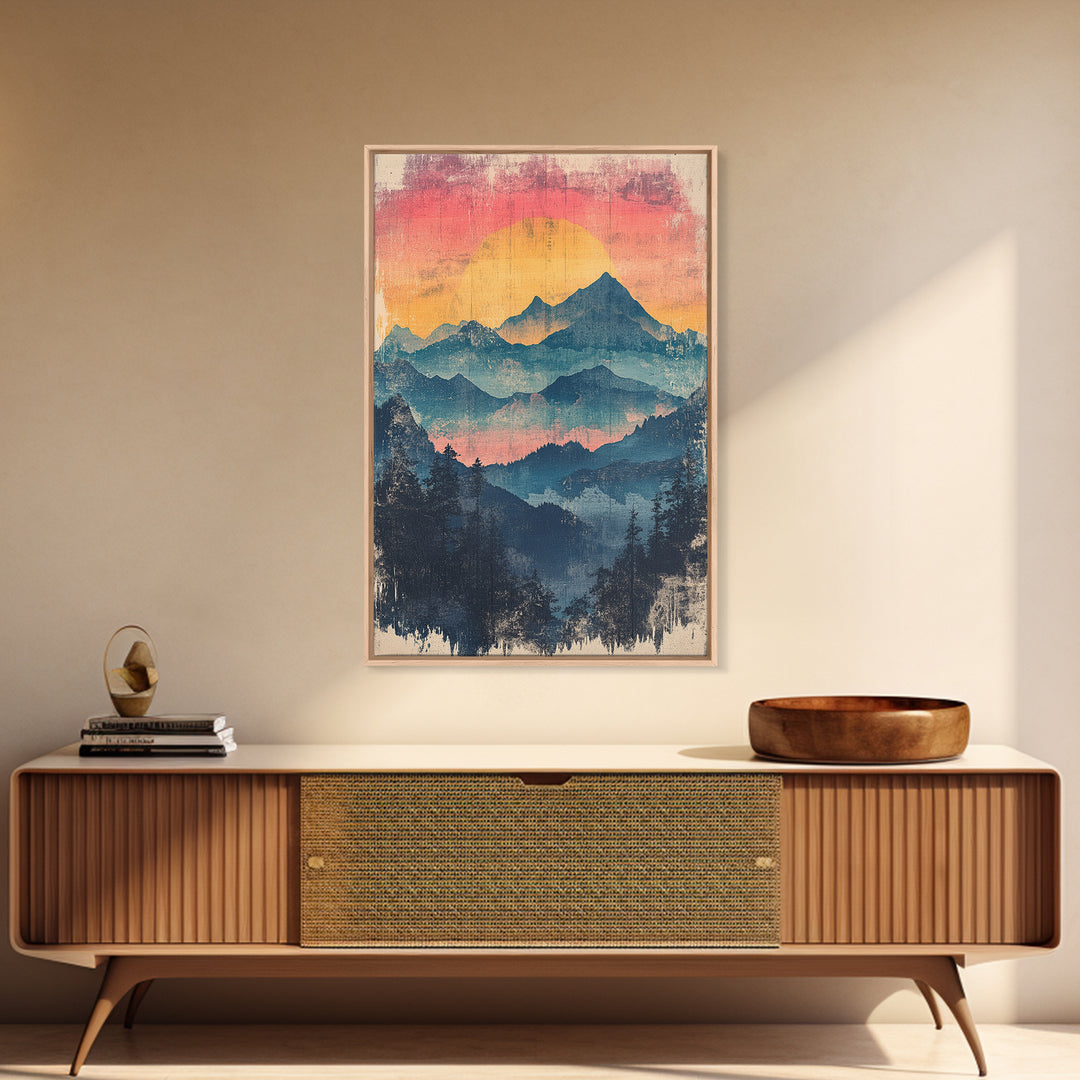 Misty Blue Mountain Sunset Wall Art, Layered Forest Landscape Print, Rustic Cabin Decor, Large Nature Living Room Art Gift