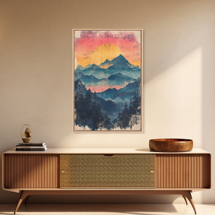 Misty Blue Mountain Sunset Wall Art, Layered Forest Landscape Print, Rustic Cabin Decor, Large Nature Living Room Art Gift