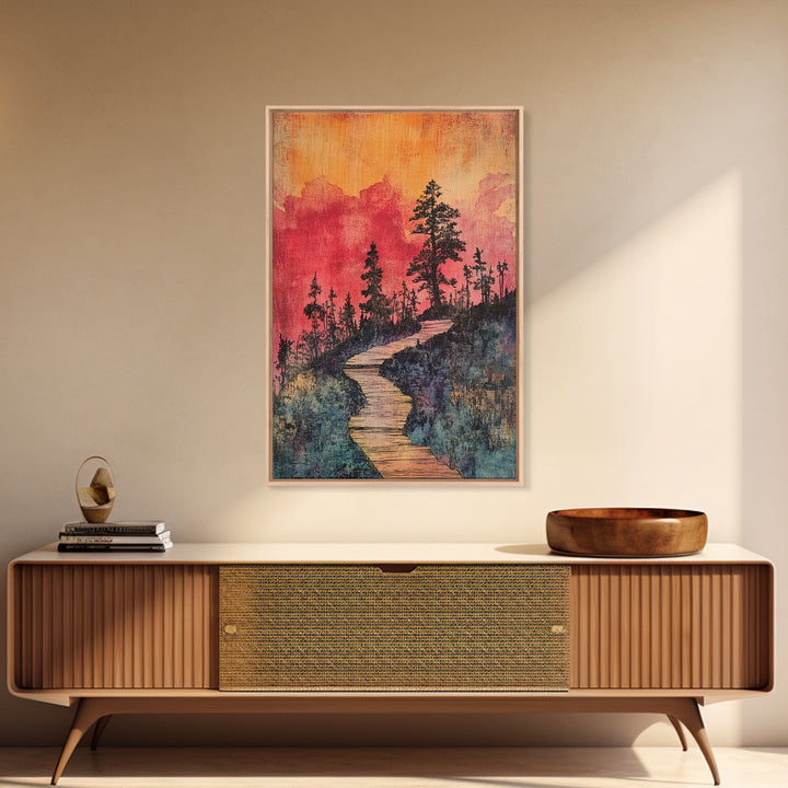 Winding Forest Path At Sunset Wall Art, Pink Orange Landscape Print, Rustic Cabin Decor, Cozy Nature Art For Bedroom Gift