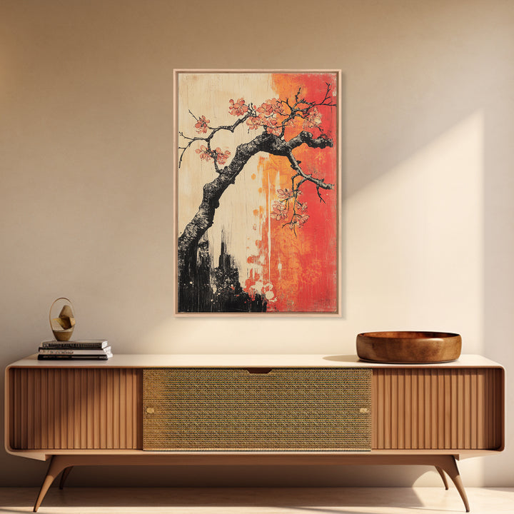 Cherry Blossom Branch Canvas Print, Japanese Floral Wall Art, Red Orange Botanical Decor, Japandi Living Room Art Gift Print