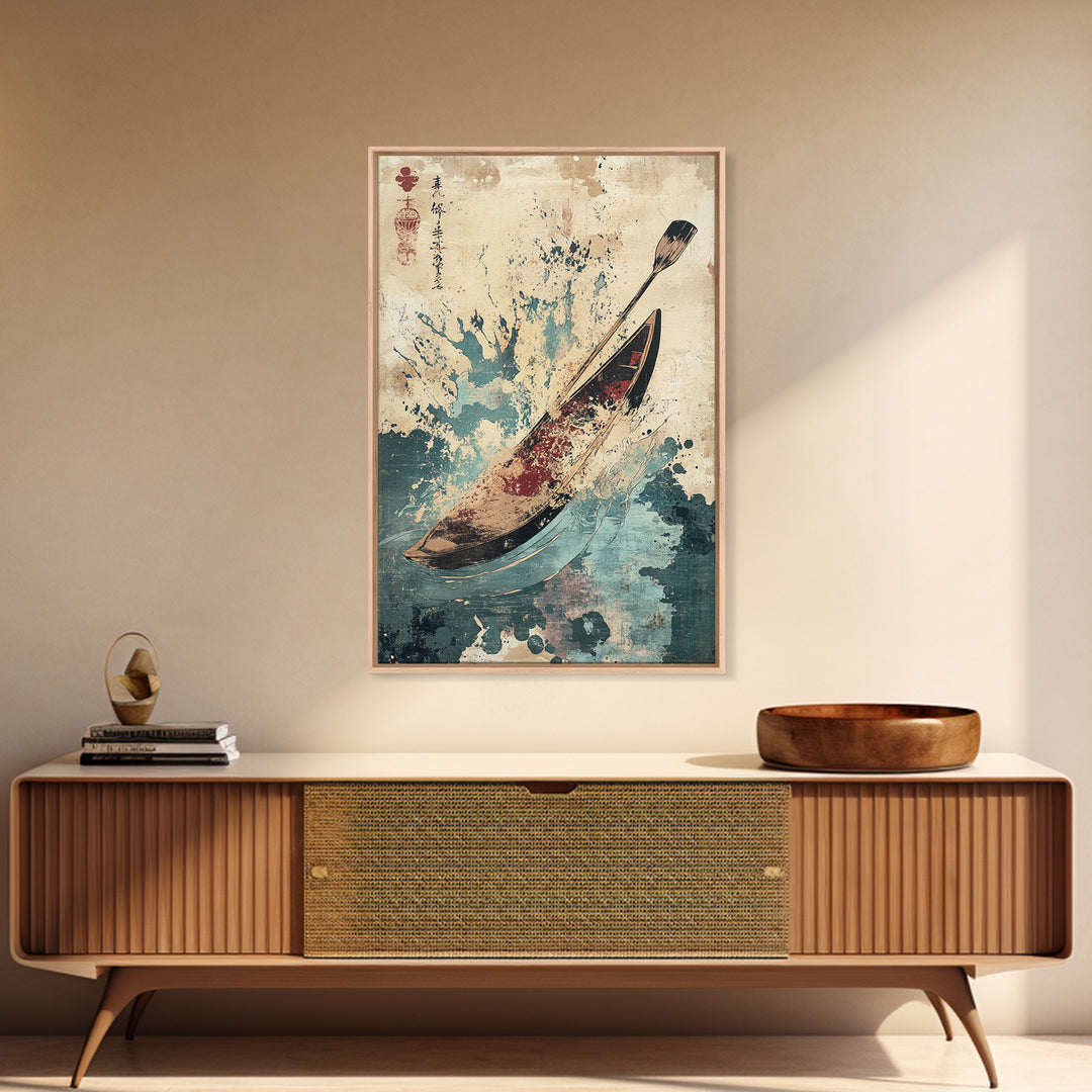 Canoe And Paddle Splash Canvas Print, Japanese Nautical Wall Art, Blue Ocean Decor, Adventure Travel Poster Gift For Coastal Home