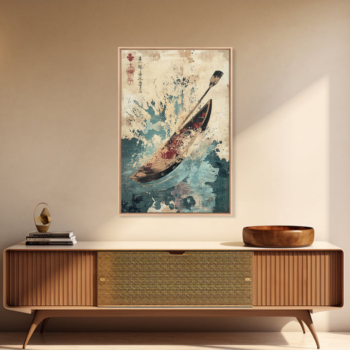 Canoe And Paddle Splash Canvas Print, Japanese Nautical Wall Art, Blue Ocean Decor, Adventure Travel Poster Gift For Coastal Home