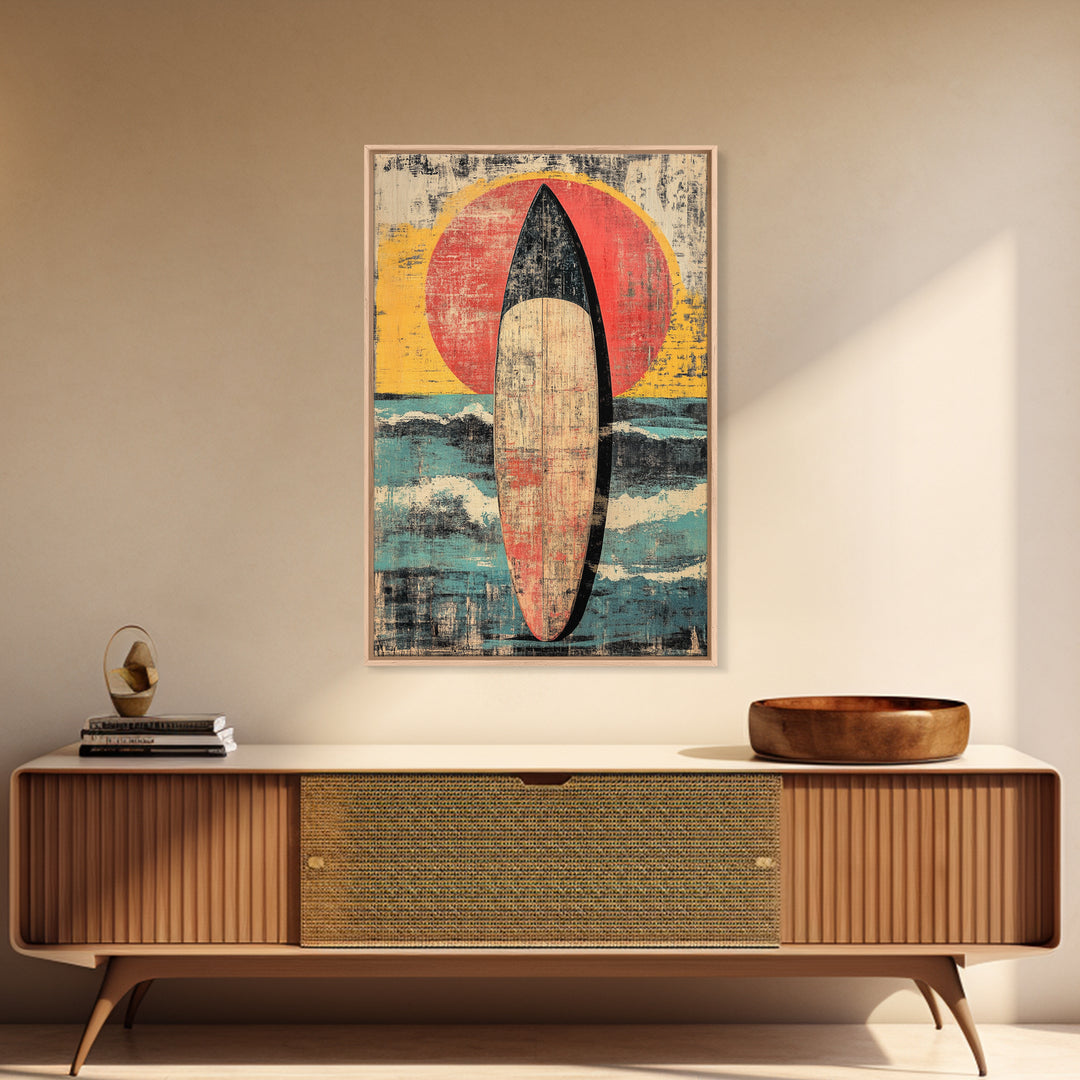 Retro Surfboard At Sunset Wall Art, Coastal Ocean Waves Print, Beach House Decor, Large Vertical Canvas For Surf Lovers Gift
