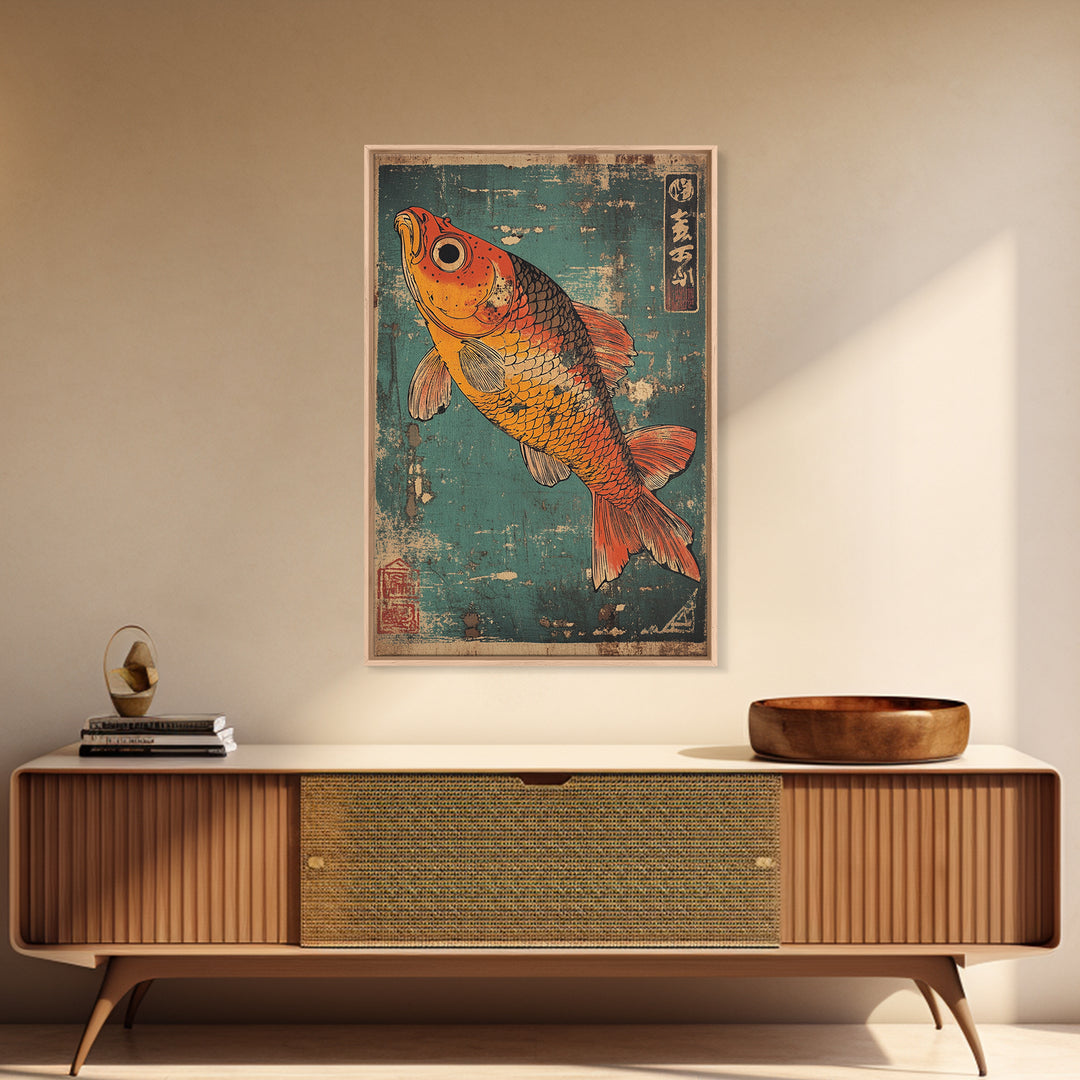 Orange Koi Fish Canvas Print, Japanese Animal Wall Art, Teal Blue Aquarium Decor, Nautical Coastal Gift For Fish Lover Home