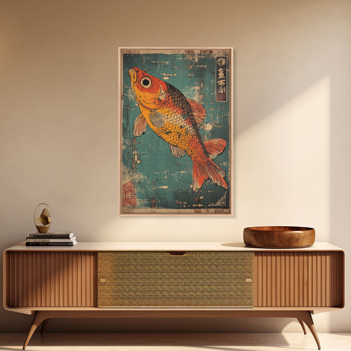 Orange Koi Fish Canvas Print, Japanese Animal Wall Art, Teal Blue Aquarium Decor, Nautical Coastal Gift For Fish Lover Home
