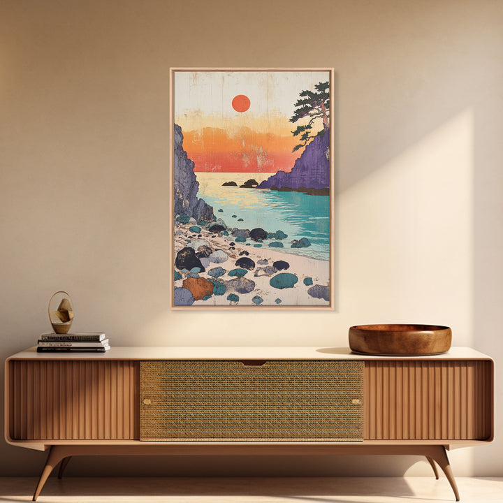 Purple Cliffs Sunset Cove Japanese Seascape Wall Art Coastal Print, Beach House Decor, Large Living Room Wall Decor Poster