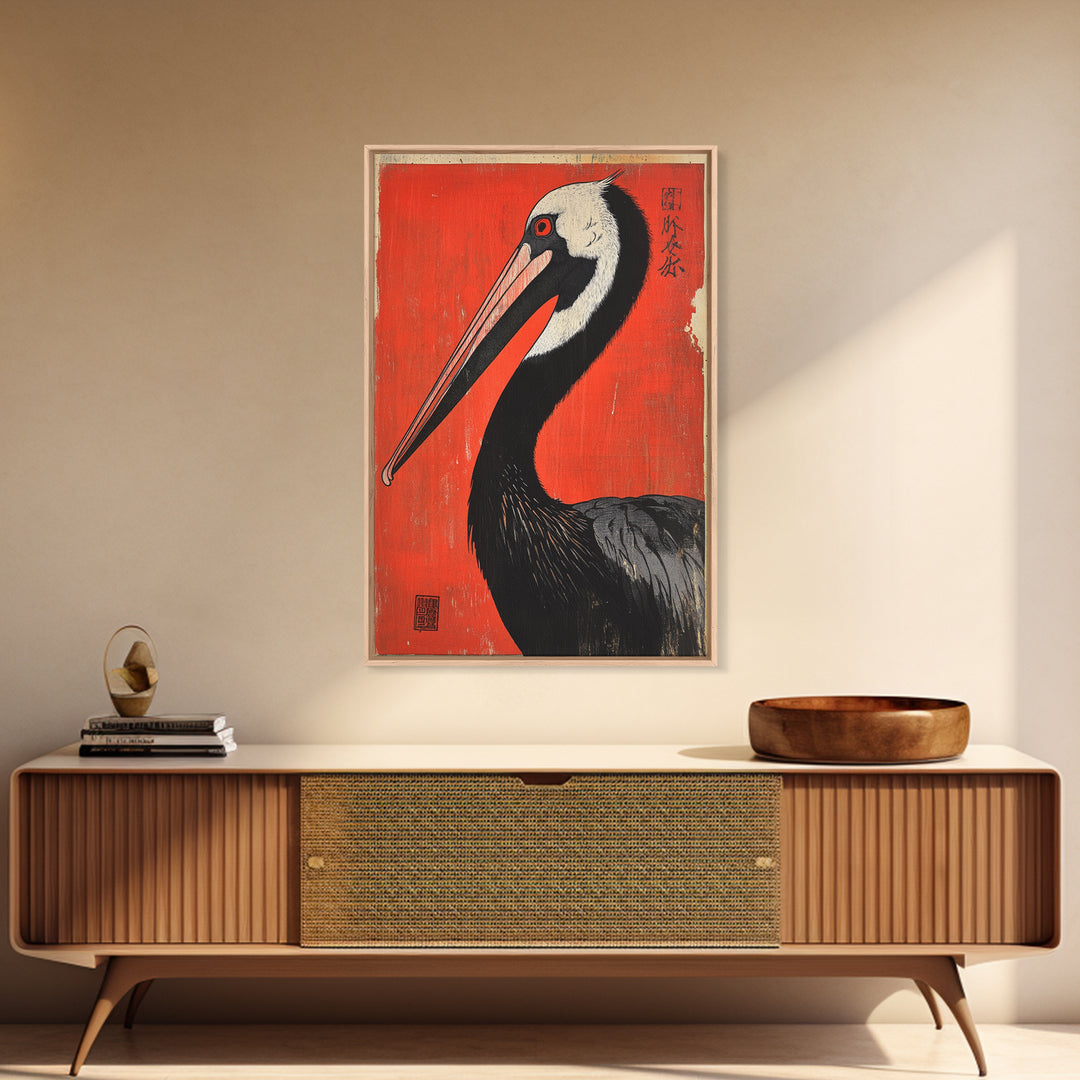 Black Necked Crane Bird On Red Japanese Canvas Print Wildlife Wall Art, Asian Decor, Bold Animal Art Poster Gift For Bird Lovers