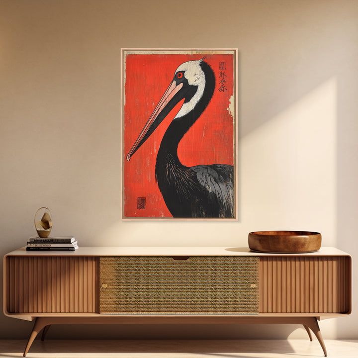 Black Necked Crane Bird On Red Japanese Canvas Print Wildlife Wall Art, Asian Decor, Bold Animal Art Poster Gift For Bird Lovers