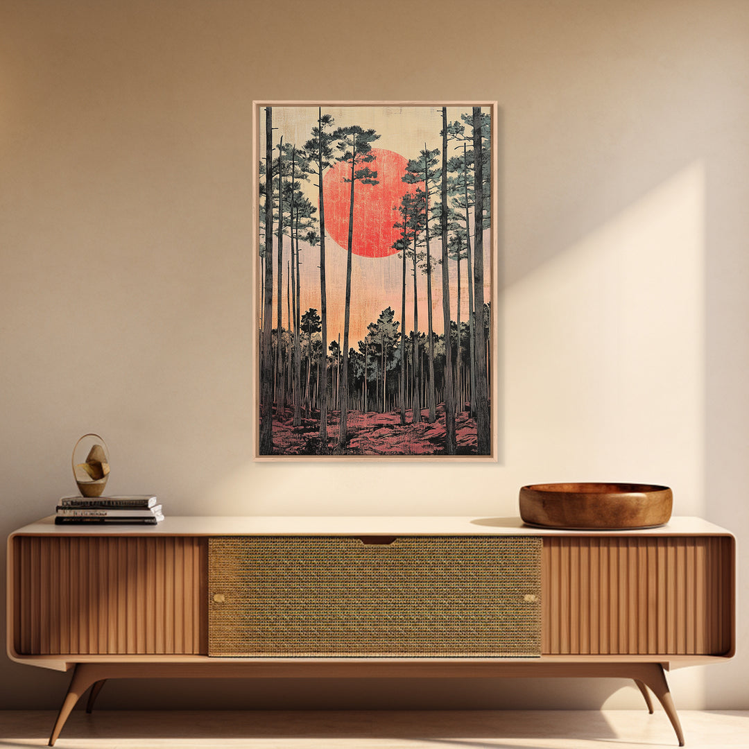 Tall Pine Forest Red Sun Japanese Landscape Wall Art, Japandi Decor, Nature Print, Large Living Room Wall Decor Poster Gift