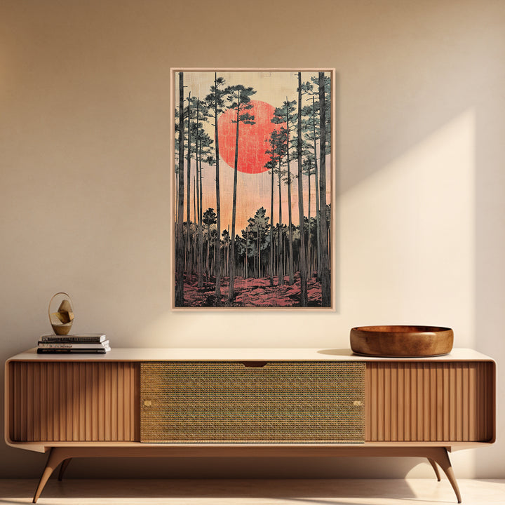 Tall Pine Forest Red Sun Japanese Landscape Wall Art, Japandi Decor, Nature Print, Large Living Room Wall Decor Poster Gift