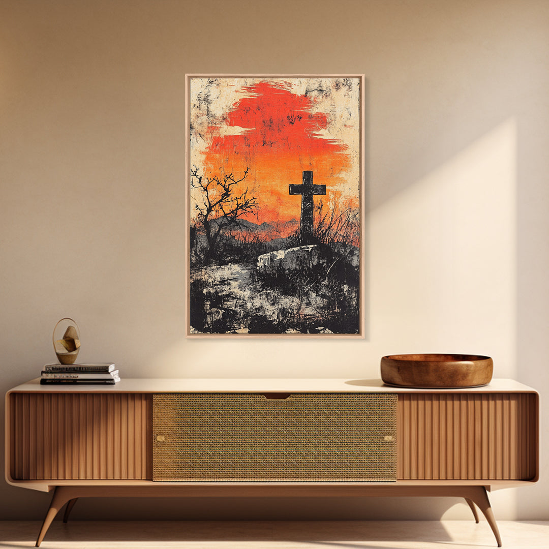 Black Cross At Fiery Sunset Framed Canvas Print, Christian Wall Art, Rustic Landscape, Faith Gift, Moody Home Decor Art