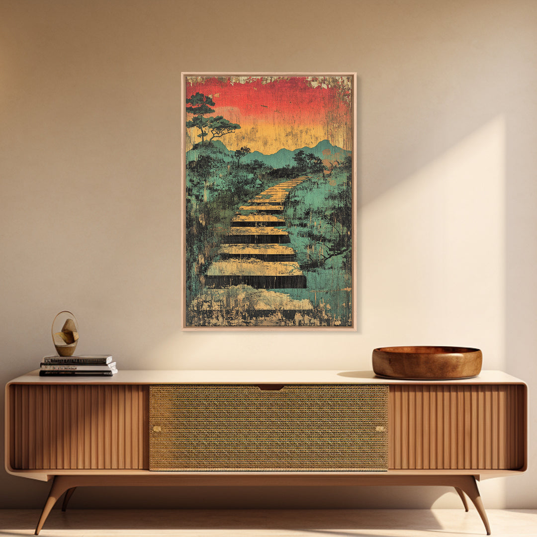 Sunset Boardwalk Through Misty Marsh Wall Art, Japanese Landscape Print, Rustic Nature Decor, Mountain Path Canvas Print