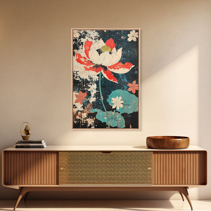 Red And White Lotus Flower Wall Art, Japanese Botanical Print, Dark Floral Decor, Teal Pond Leaves, Modern Canvas Print Gift