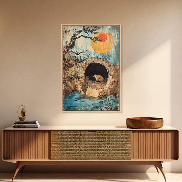 Mouse In Hollow Tree Wall Art, Japanese Nature Print, Whimsical Animal Decor, Orange Sun, Zen Landscape Canvas Print Gift