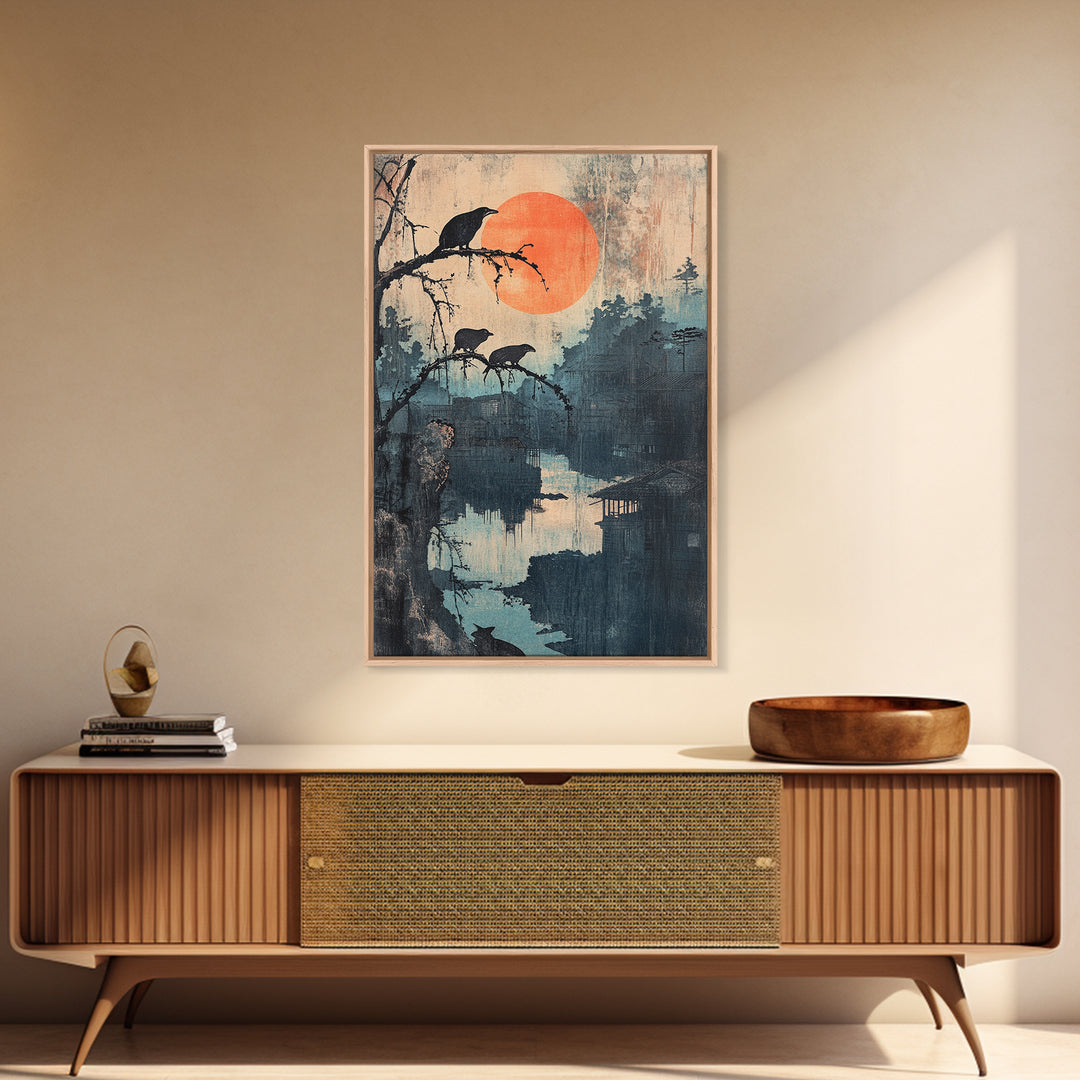 Crows Over Misty River Framed Canvas Print, Japanese Landscape Wall Art, Moody Nature Decor, Orange Sun, Bird Art Print