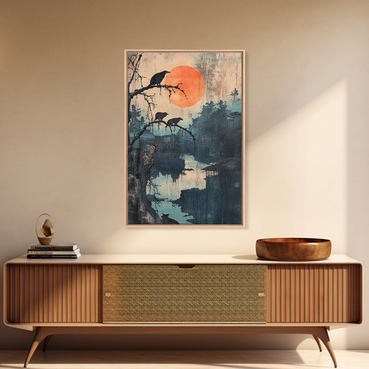 Crows Over Misty River Framed Canvas Print, Japanese Landscape Wall Art, Moody Nature Decor, Orange Sun, Bird Art Print