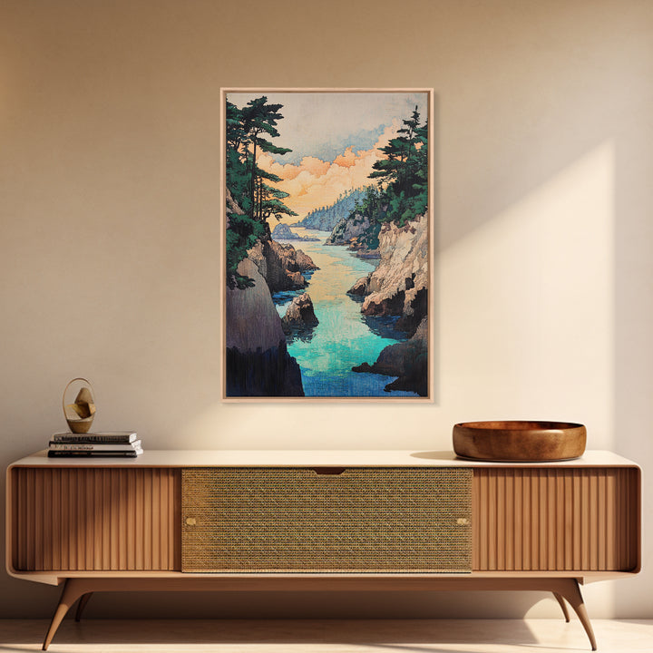 Turquoise Rocky Cove Wall Art, Japanese Coastal Landscape Print, Ocean Seascape Canvas Print, Serene Living Room Decor Gift