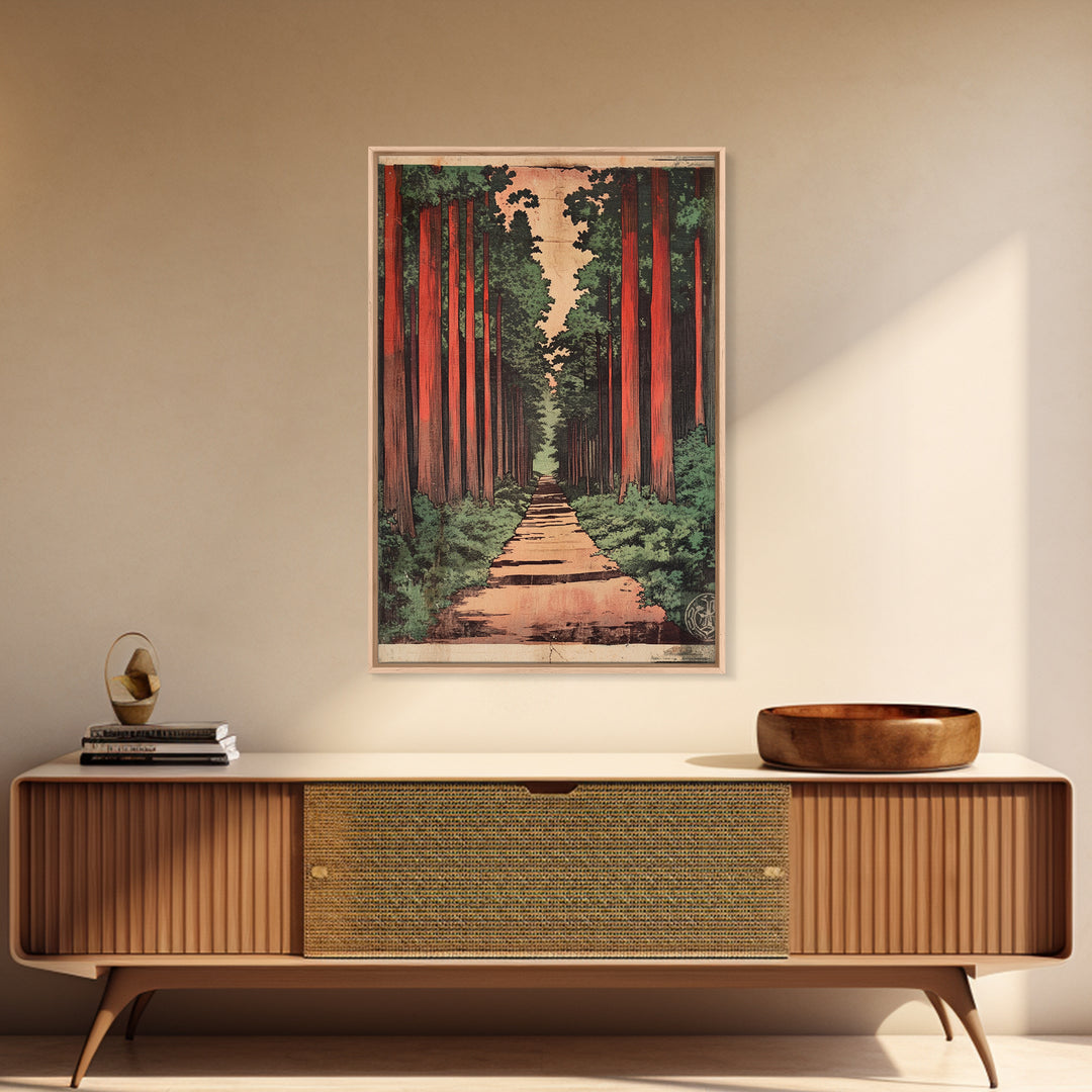 Tall Cedar Forest Path Wall Art, Japanese Woodland Landscape Print, Rustic Nature Canvas Print, Entryway Decor Housewarming Gift
