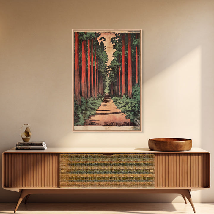 Tall Cedar Forest Path Wall Art, Japanese Woodland Landscape Print, Rustic Nature Canvas Print, Entryway Decor Housewarming Gift