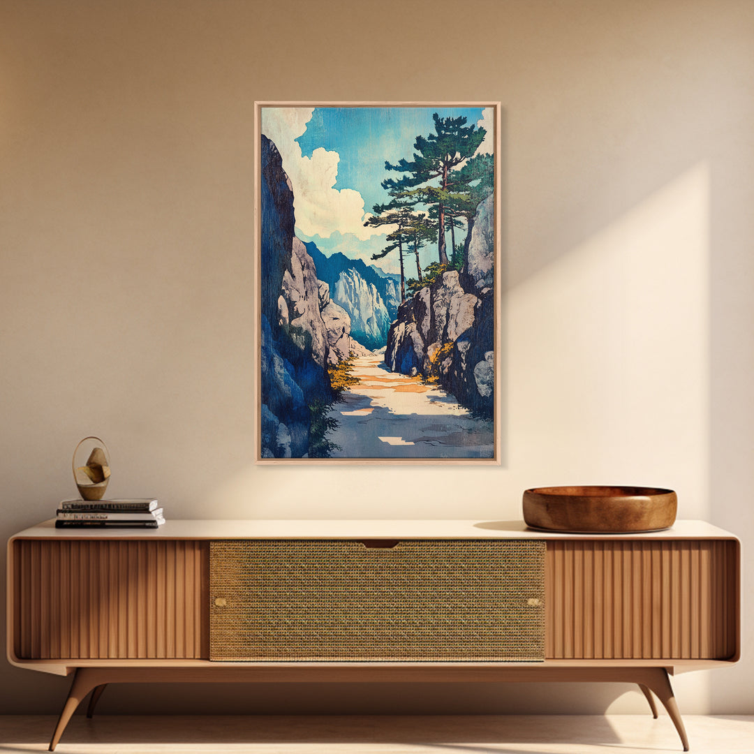 Rocky Mountain Pass Wall Art, Alpine Landscape Canvas Print, Japanese Style Nature Decor, Large Living Room Wall Art Gift