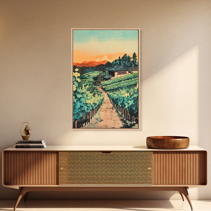 Sunlit Vineyard Path Wall Art, Wine Country Landscape Canvas Print, Rustic Kitchen Decor, Tuscan Farmhouse Housewarming Gift