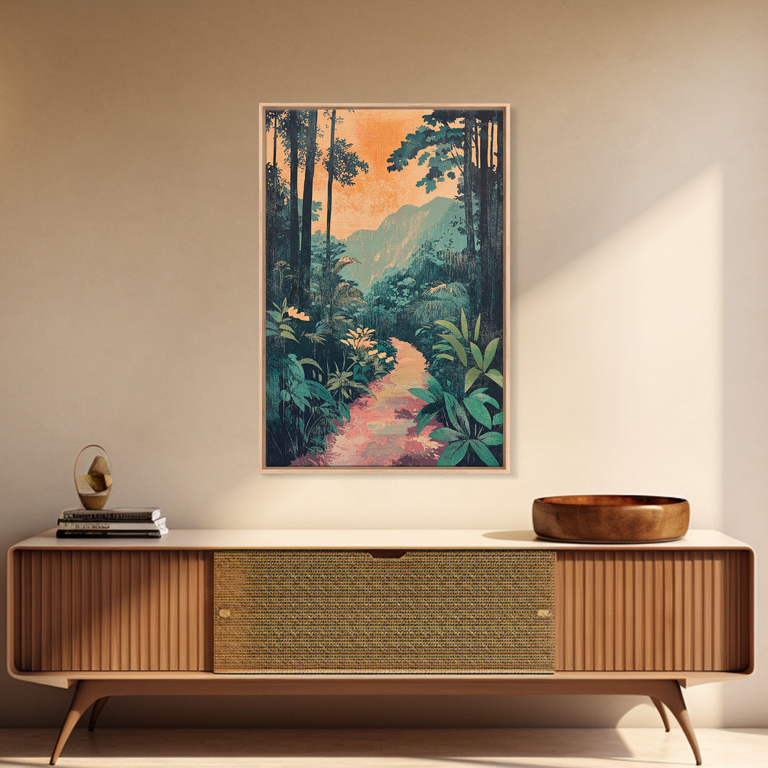 Tropical Jungle Path Wall Art, Lush Botanical Landscape Print, Boho Nature Canvas Print, Vibrant Living Room Decor Gift For Her
