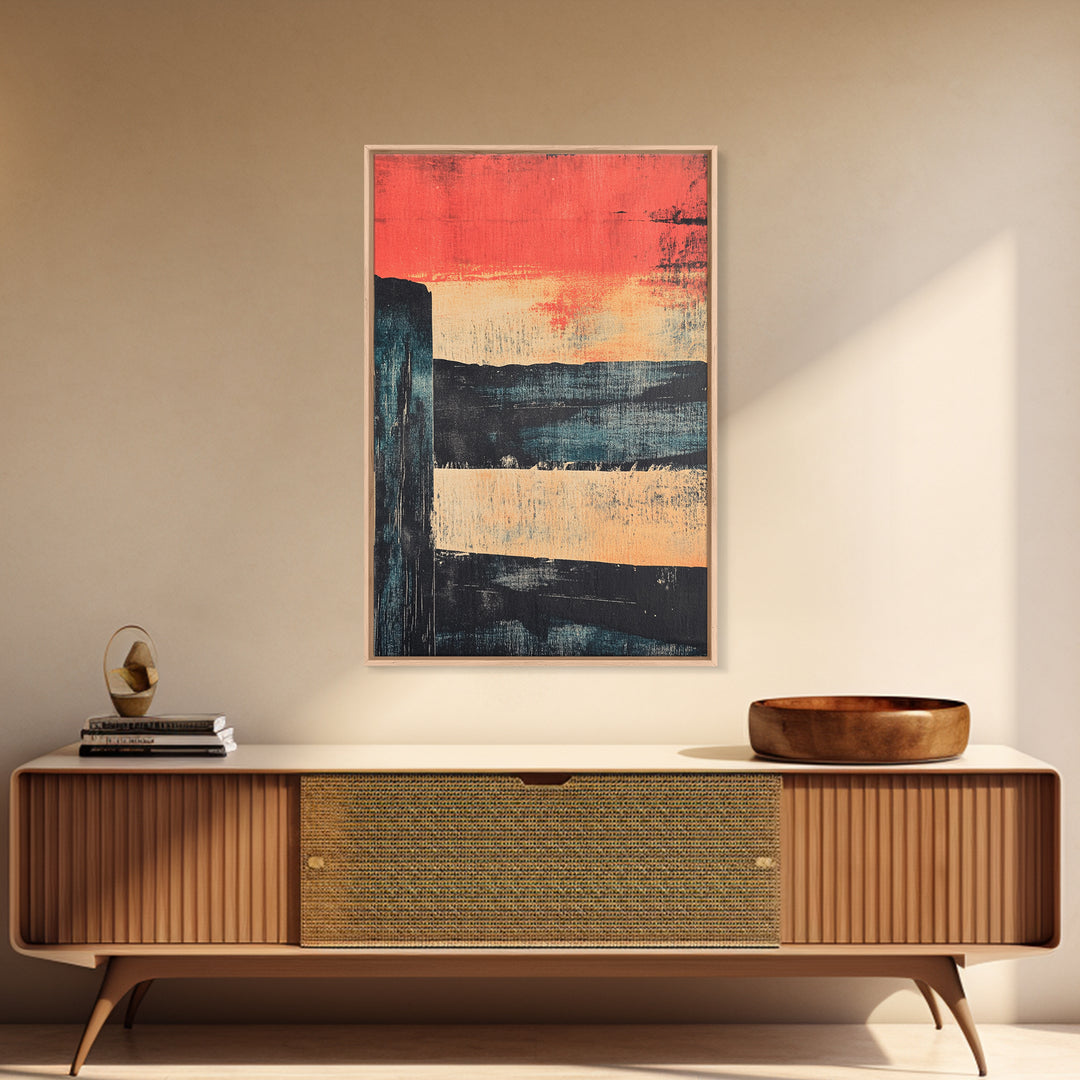 Red Sunset Abstract Seascape Wall Art, Modern Landscape Print, Moody Coastal Decor, Oversized Living Room Art, Above Sofa Decor