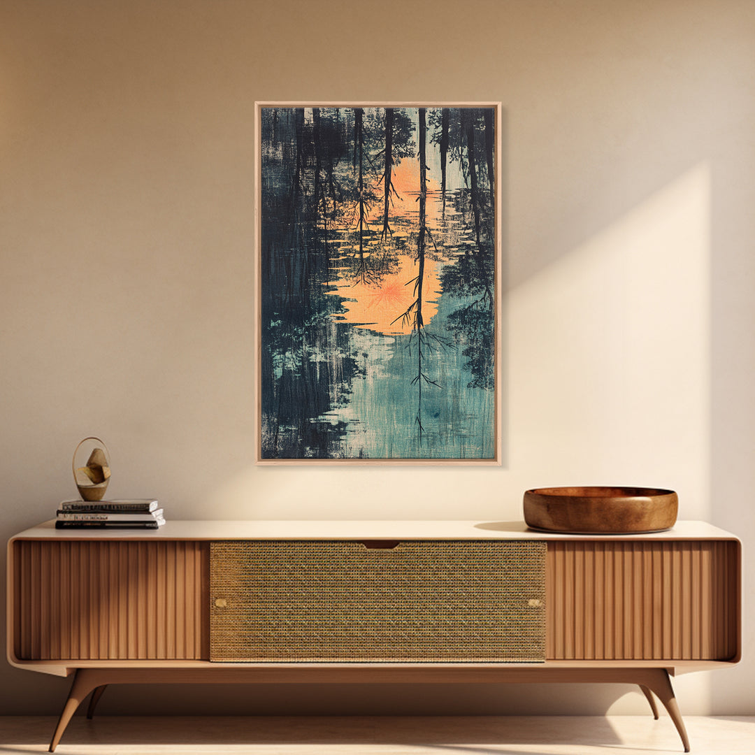 Misty Forest Lake Reflection Wall Art, Moody Landscape Print, Nature Wall Decor, Rustic Home Decor, Framed Canvas Print