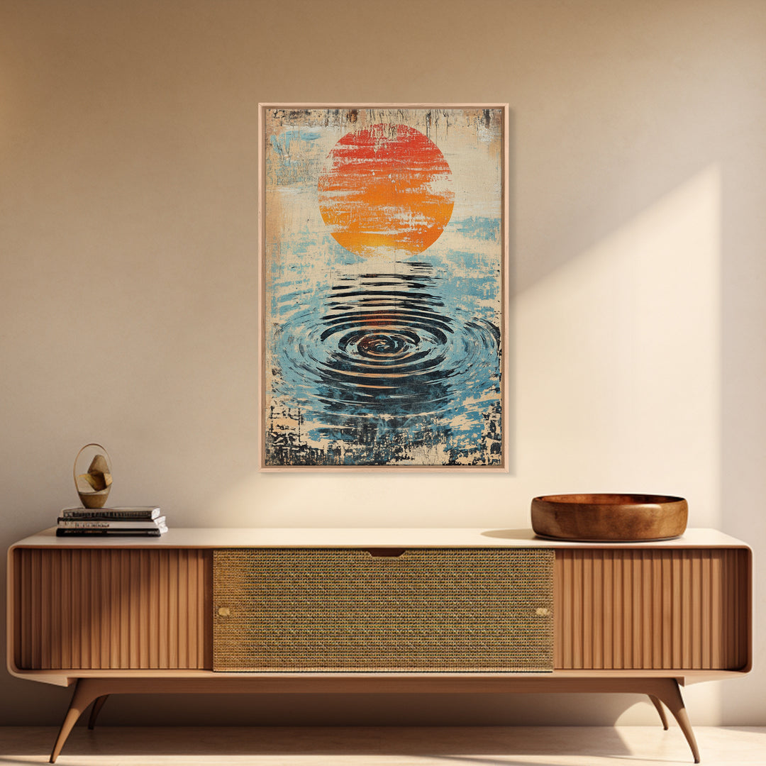 Orange Sun Water Ripple Wall Art, Minimalist Japanese Abstract Print, Zen Bathroom Decor, Calming Wall Decor, Framed Canvas Print