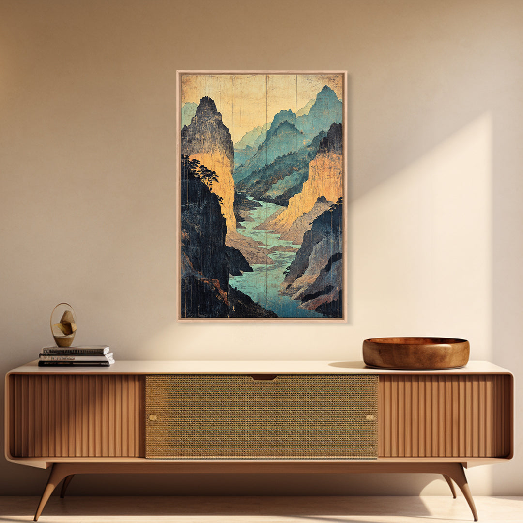 Turquoise Canyon River Mountains Wall Art, Japanese Landscape Print, Asian Inspired Travel Decor, Large Framed Canvas Print