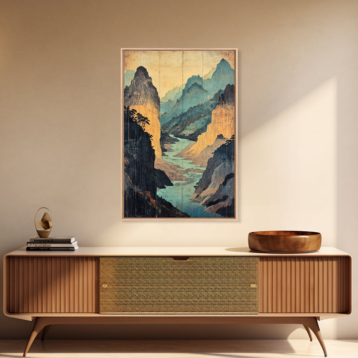 Turquoise Canyon River Mountains Wall Art, Japanese Landscape Print, Asian Inspired Travel Decor, Large Framed Canvas Print