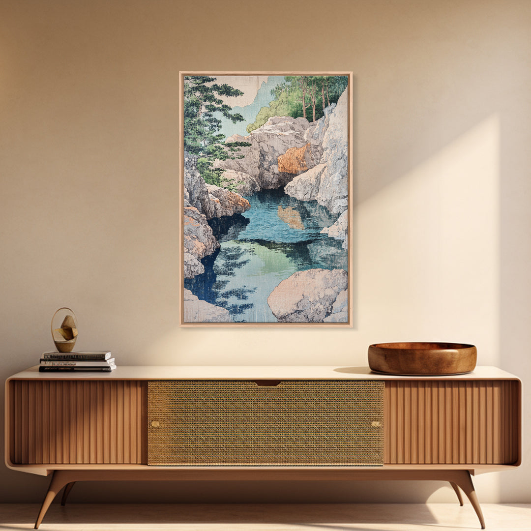 Rocky Mountain Stream And Pine Forest Wall Art, Japanese Landscape Print, Nature Wall Decor, Serene Spa Decor, Home Decor