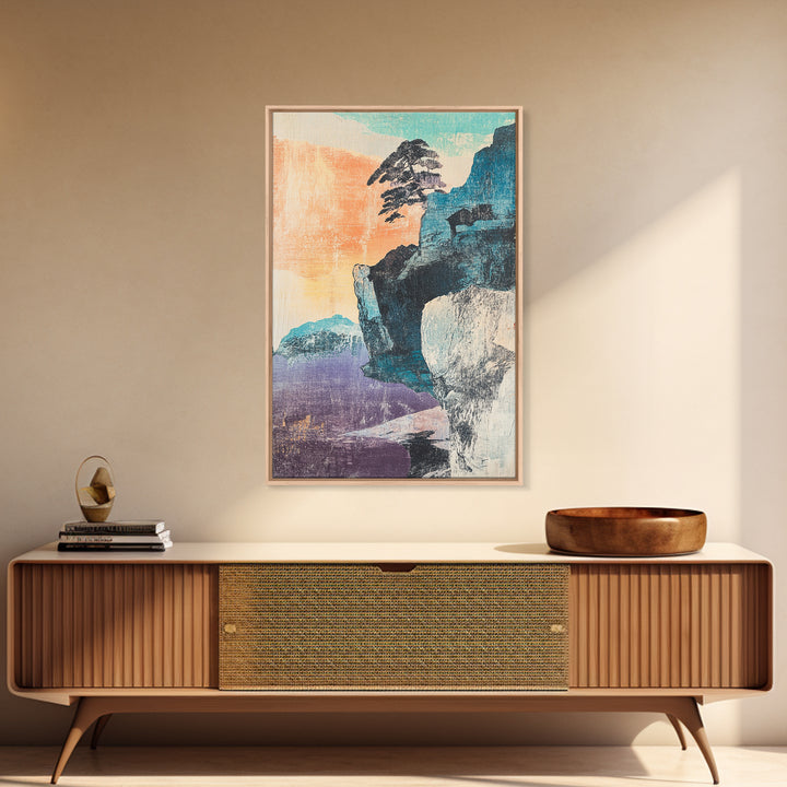 Pastel Sea Cliff With Windblown Pine Wall Art, Japanese Coastal Print, Japandi Decor, Minimalist Landscape, Living Room Decor