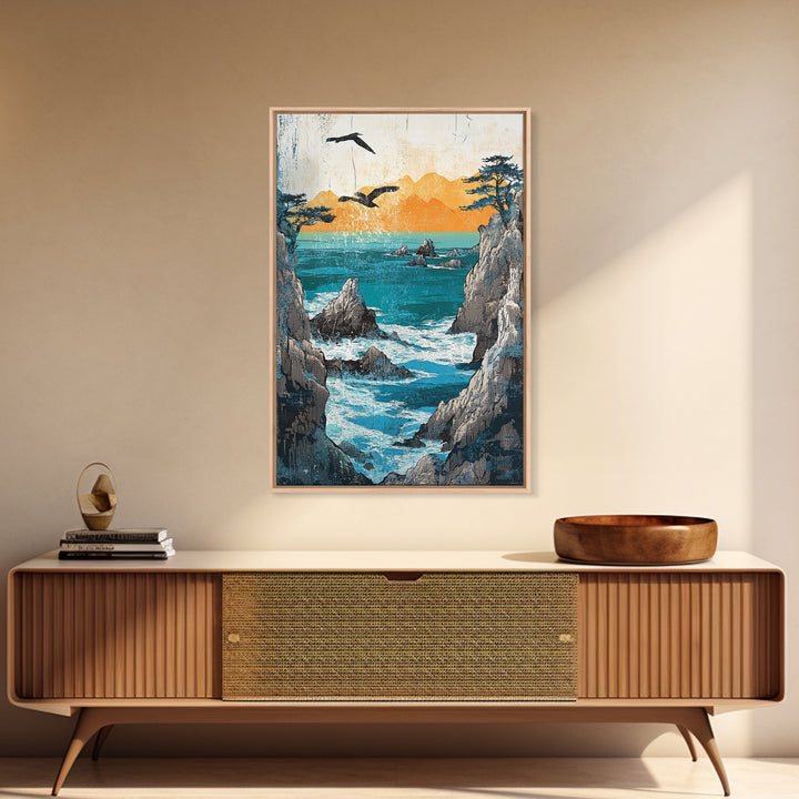 Ocean Cliffs With Flying Birds Canvas Print, Japanese Seascape Wall Art, Coastal Decor, Nautical Art, Living Room Decor, Gift For Him