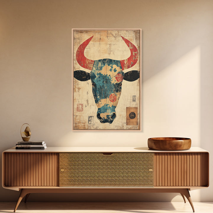 Distressed Turquoise Bull Head With Red Horns Wall Art, Western Tribal Canvas Print, Rustic Ranch Decor, Bold Animal Art