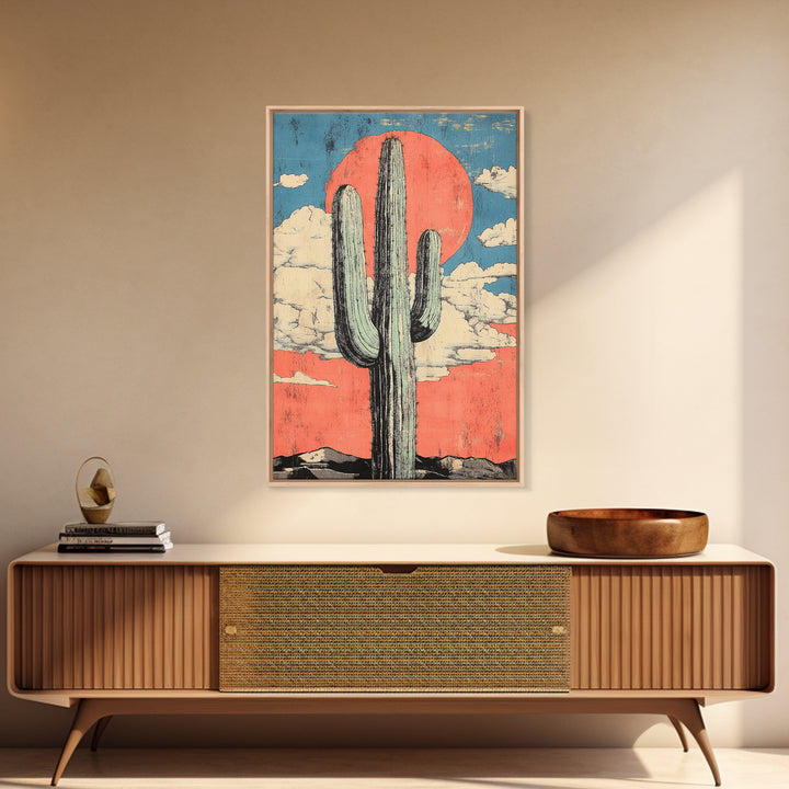 Tall Saguaro Cactus With Coral Desert Sun Wall Art, Southwestern Canvas Print, Boho Western Decor, Arizona Landscape Art
