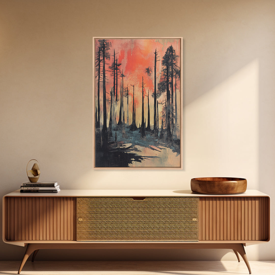 Misty Burnt Pine Forest At Coral Sunset Wall Art, Moody Landscape Canvas Print, Rustic Nature Decor, Dramatic Woodland Art