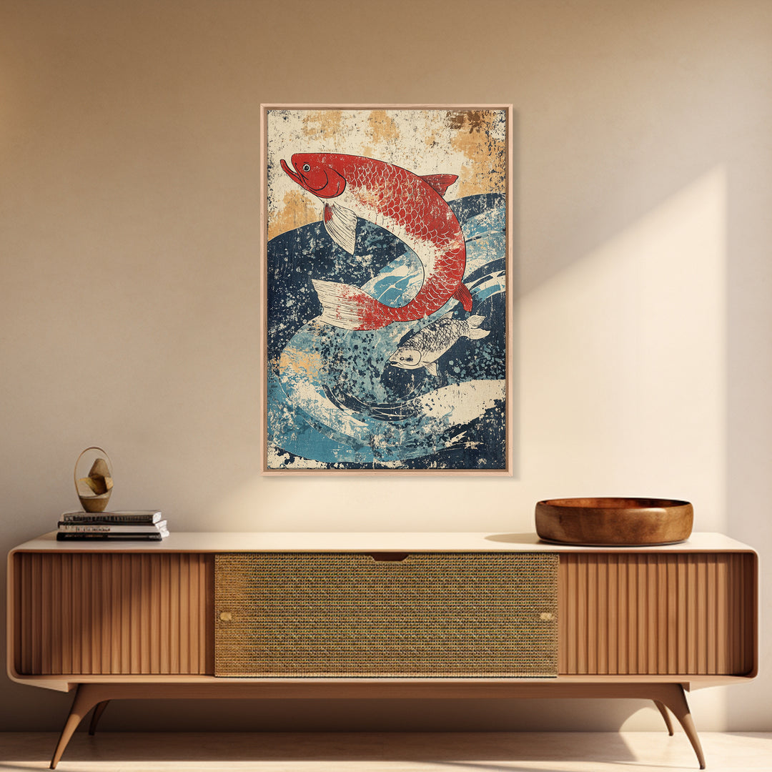 Red Koi Fish Swimming Through Blue Waves Wall Art, Japanese Canvas Print, Coastal Animal Decor, Feng Shui Living Room Art