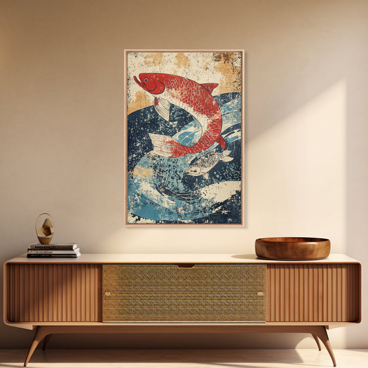 Red Koi Fish Swimming Through Blue Waves Wall Art, Japanese Canvas Print, Coastal Animal Decor, Feng Shui Living Room Art