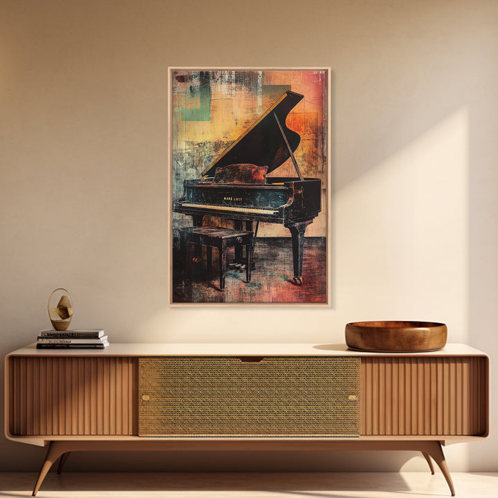 Moody Grand Piano In Warm Abstract Studio Canvas Print, Music Room Decor, Jazz Art Print, Modern Wall Art, Gift For Music Lover