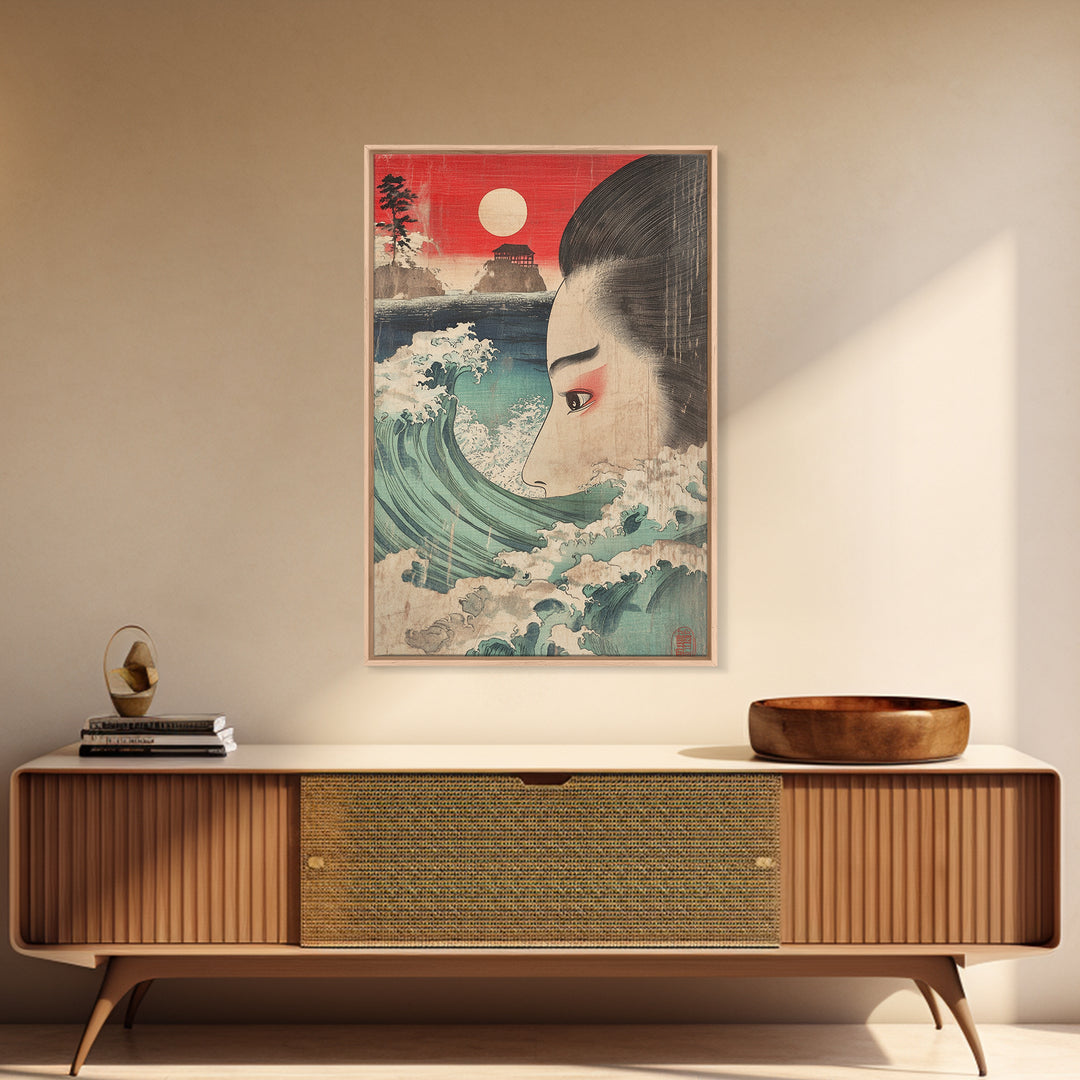 Ukiyo E Woman Face With Ocean Wave Canvas Print, Japanese Wall Art, Coastal Decor, Asian Inspired Art, Living Room Decor