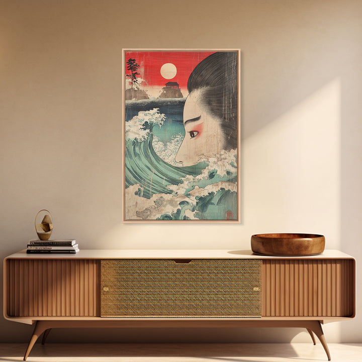 Ukiyo E Woman Face With Ocean Wave Canvas Print, Japanese Wall Art, Coastal Decor, Asian Inspired Art, Living Room Decor