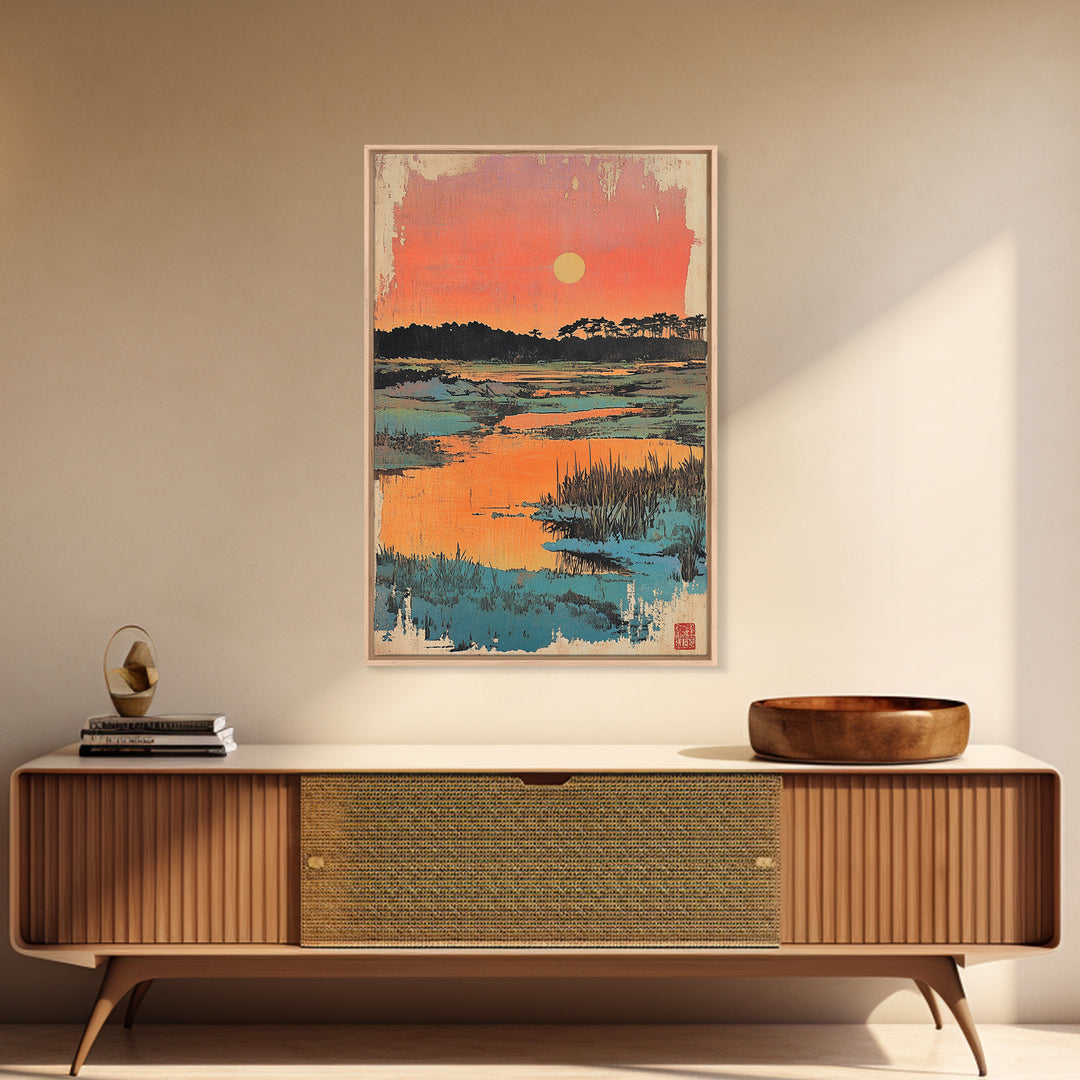 Serene Marsh Sunset Over Blue Wetlands Wall Art, Japanese Landscape Print, Nature Wall Decor, Coastal Home Decor, Zen Gift