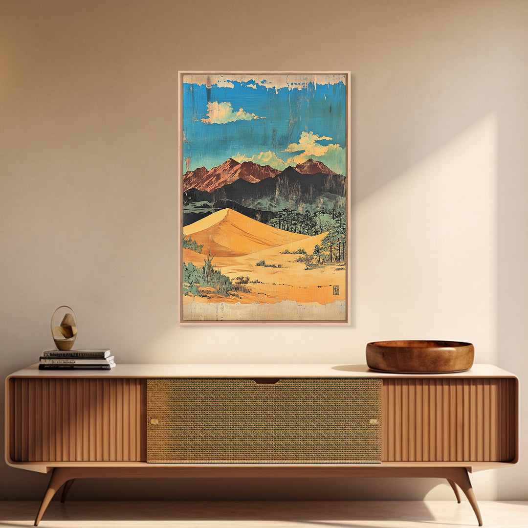 Golden Desert Dunes And Rugged Mountains Wall Art, Southwestern Landscape Print, Cactus Decor, Modern Western Home Decor